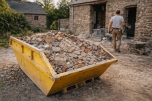 Benne à gravats utilisée sur un chantier pour l’évacuation de déchets à Janzé et Châteaubourg