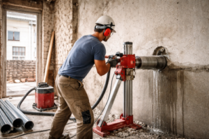 Carottage béton précis dans un mur porteur à Vitré pour le passage de gaines et tuyaux