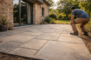 Dallages intérieurs et extérieurs en pierre et béton réalisés par un artisan maçon en Bretagne