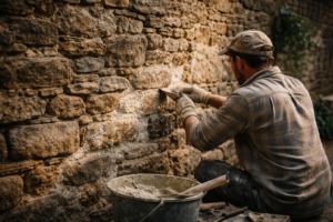 Rénovation de murs en pierre avec joints à la chaux en maçonnerie traditionnelle en Bretagne
